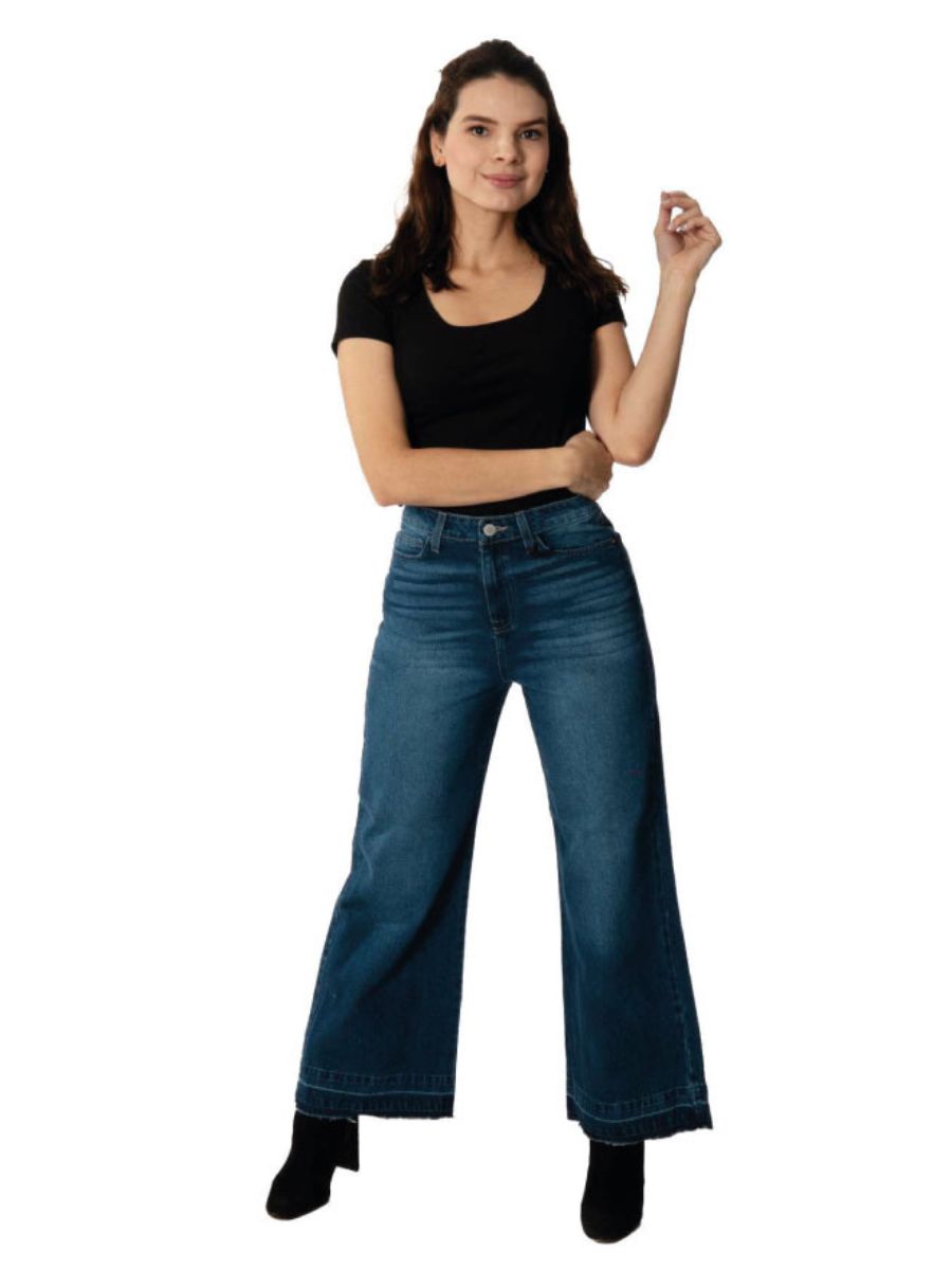 Mom Jeans Cintura Alta Pierna Amplia / color azul oscuro